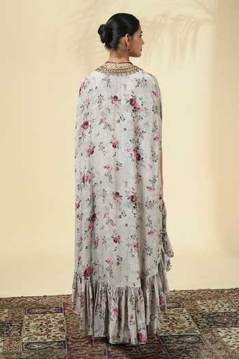 Shop_Arpita Mehta_Ivory Silk, Crepe Round Neck Printed Kaftan And Pant Set _at_Aza_Fashions