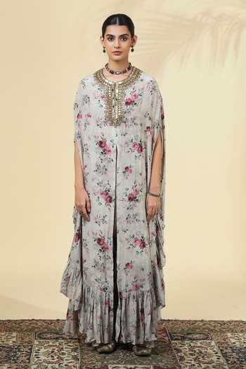 Buy_Arpita Mehta_Ivory Silk, Crepe Round Neck Printed Kaftan And Pant Set _Online_at_Aza_Fashions