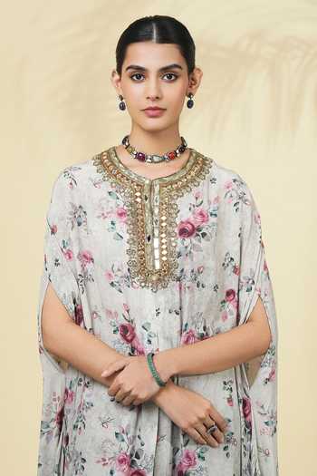 Shop_Arpita Mehta_Ivory Silk, Crepe Round Neck Printed Kaftan And Pant Set _Online_at_Aza_Fashions