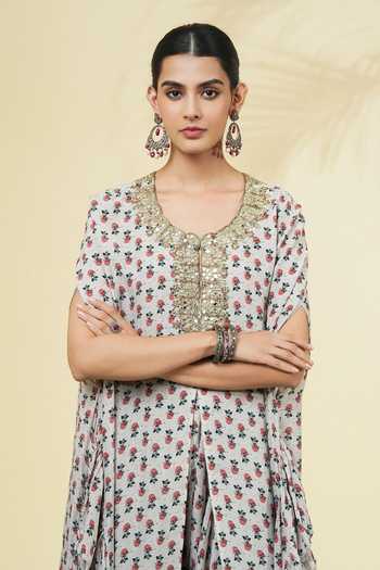 Arpita Mehta_Ivory Silk, Crepe Round Neck Vintage Rose Butti Print Kaftan And Pant Set _Online_at_Aza_Fashions