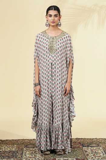 Buy_Arpita Mehta_Ivory Silk, Crepe Round Neck Vintage Rose Butti Print Kaftan And Pant Set _Online_at_Aza_Fashions