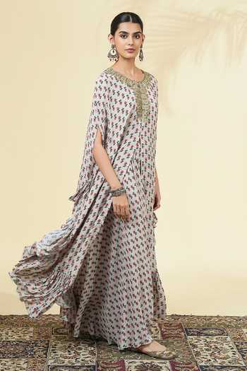 Shop_Arpita Mehta_Ivory Silk, Crepe Round Neck Vintage Rose Butti Print Kaftan And Pant Set _Online_at_Aza_Fashions
