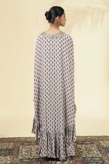 Shop_Arpita Mehta_Ivory Silk, Crepe Round Neck Vintage Rose Butti Print Kaftan And Pant Set _at_Aza_Fashions