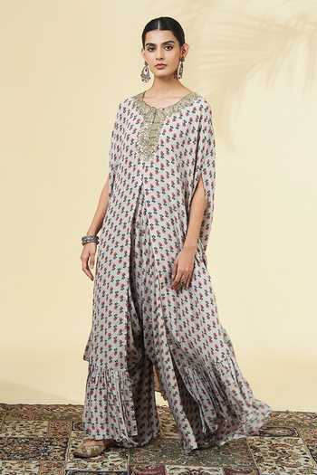 Buy_Arpita Mehta_Ivory Silk, Crepe Round Neck Vintage Rose Butti Print Kaftan And Pant Set _at_Aza_Fashions