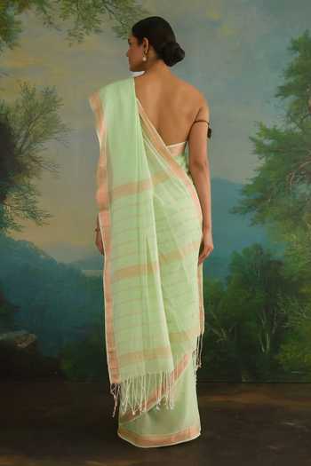 Shop_Amaara_Green Handloom Cotton Mint Saree With Running Blouse _at_Aza_Fashions