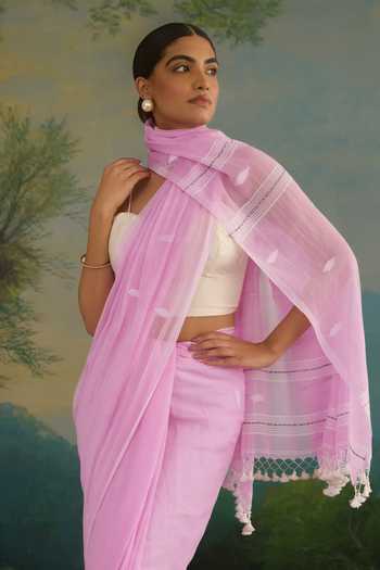 Amaara_Pink Handloom Cotton Pastel Saree With Running Blouse _at_Aza_Fashions