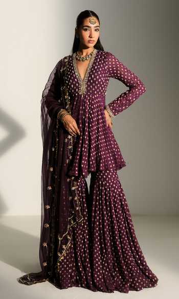 Buy_Mahima Mahajan_Purple Georgette V-neck Nandini Embroidered Kali Kurta Sharara Set _at_Aza_Fashions