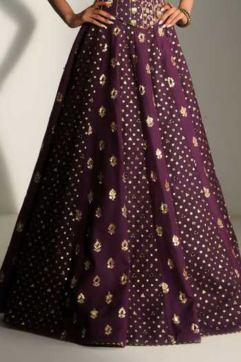 Buy_Mahima Mahajan_Purple Chanderi Zari, Stones Bandeau Neck Erin Embroidered Corset Lehenga Set 