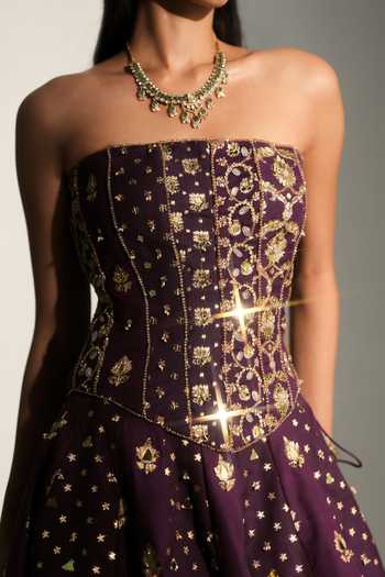 Mahima Mahajan_Purple Chanderi Zari, Stones Bandeau Neck Erin Embroidered Corset Lehenga Set _Online