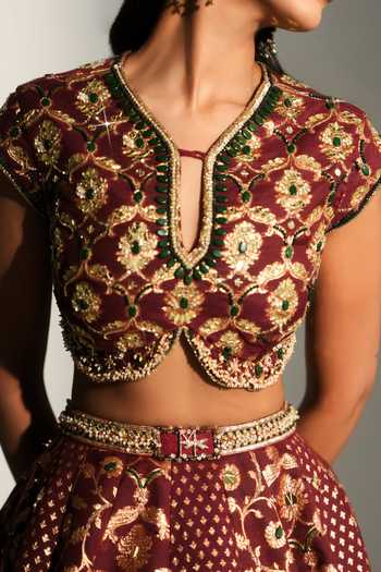 Buy_Mahima Mahajan_Red Chanderi Split V-neck Dua Floral Woven Banarasi Lehenga Set _Online