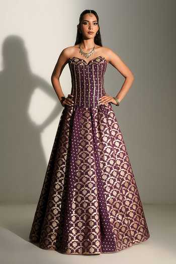 Mahima Mahajan_Purple Chanderi Embroidery Sweetheart Neck Diya Corset Lehenga Set _Online