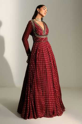 Mahima Mahajan_Red Georgette V-neck Neelam Hand Embroidered Anarkali With Dupatta _Online_at_Aza_Fashions