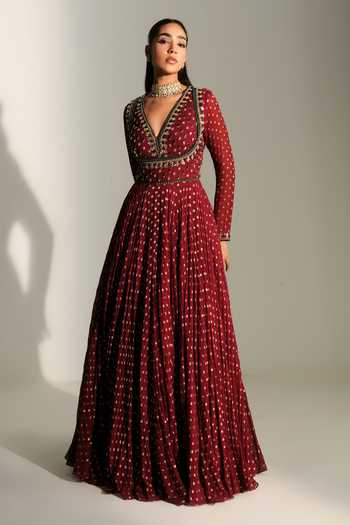 Buy_Mahima Mahajan_Red Georgette V-neck Neelam Hand Embroidered Anarkali With Dupatta _Online_at_Aza_Fashions
