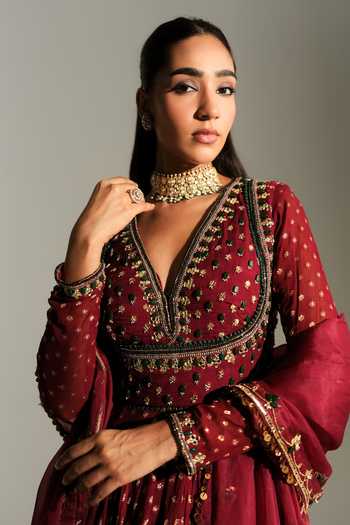 Mahima Mahajan_Red Georgette V-neck Neelam Hand Embroidered Anarkali With Dupatta _at_Aza_Fashions