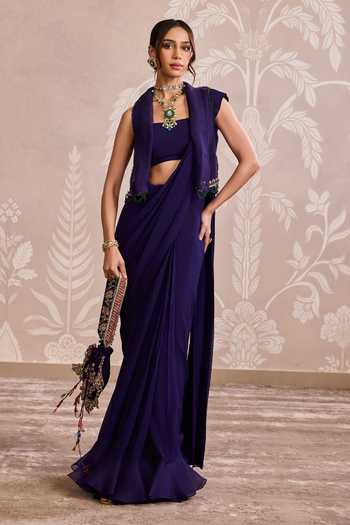 Buy_Ridhi Mehra_Purple Georgette, Organza Square Neck, Open Ruffle Hem Saree Set With Jacket _at_Aza_Fashions