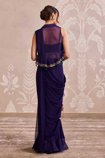 Ridhi Mehra_Purple Georgette, Organza Square Neck, Open Ruffle Hem Saree Set With Jacket _Online_at_Aza_Fashions