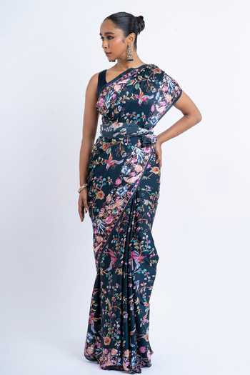 Buy_Studio 113_Blue Silk, Satin Meena Print Saree With Running Blouse _at_Aza_Fashions