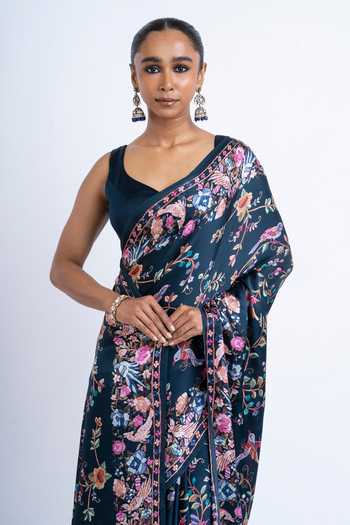 Shop_Studio 113_Blue Silk, Satin Meena Print Saree With Running Blouse _at_Aza_Fashions