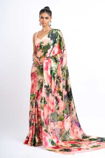 Buy_Studio 113_Pink Silk, Satin Ruby Abstract Print Saree With Running Blouse _at_Aza_Fashions
