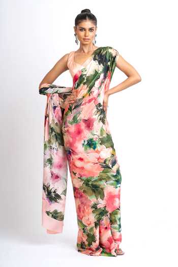 Buy_Studio 113_Pink Silk, Satin Ruby Abstract Print Saree With Running Blouse _Online_at_Aza_Fashions