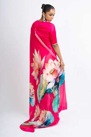 Shop_Studio 113_Pink Silk, Satin Anita Hand Painted Saree With Running Blouse _at_Aza_Fashions