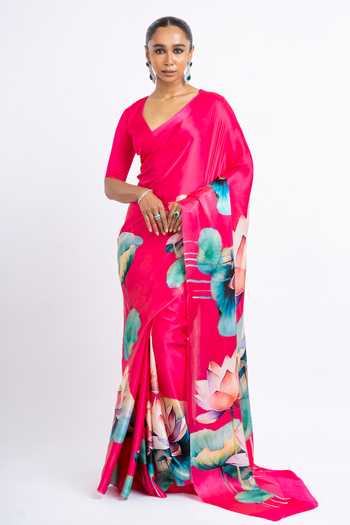 Buy_Studio 113_Pink Silk, Satin Anita Hand Painted Saree With Running Blouse _at_Aza_Fashions