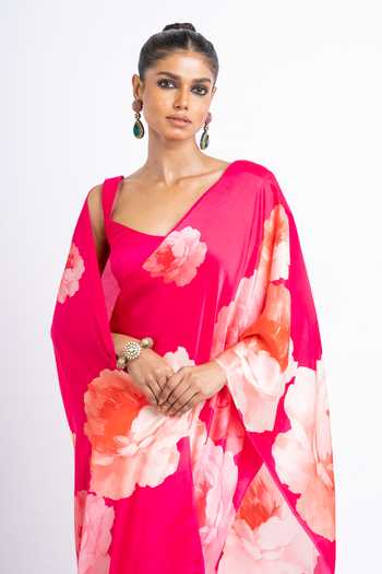 Studio 113_Pink Silk, Satin Roma Floral Print Saree With Running Blouse _Online_at_Aza_Fashions