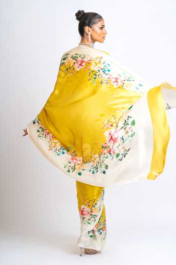 Shop_Studio 113_Yellow Silk, Satin Rina Floral Pattern Saree With Running Blouse _at_Aza_Fashions
