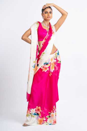 Studio 113_Pink Silk, Satin Zeenat Print Saree With Running Blouse _Online_at_Aza_Fashions