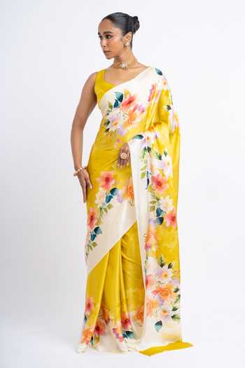 Buy_Studio 113_Yellow Silk, Satin Zeenat Floral Print Saree With Running Blouse _at_Aza_Fashions