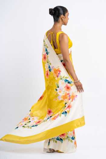 Shop_Studio 113_Yellow Silk, Satin Zeenat Floral Print Saree With Running Blouse _at_Aza_Fashions