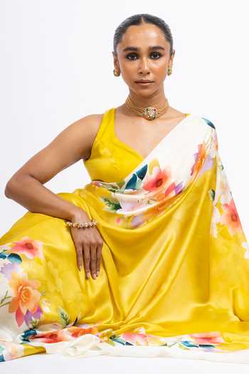 Studio 113_Yellow Silk, Satin Zeenat Floral Print Saree With Running Blouse _Online_at_Aza_Fashions
