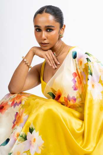 Buy_Studio 113_Yellow Silk, Satin Zeenat Floral Print Saree With Running Blouse _Online_at_Aza_Fashions