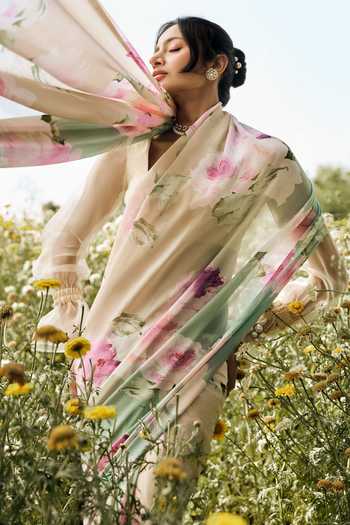 Studio 113_Green Chiffon Alea Hazel Ombre Saree With Running Blouse _Online_at_Aza_Fashions