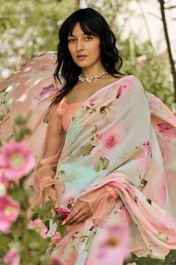 Shop_Studio 113_Peach Chiffon Alea Coral Reef Ombre Saree With Running Blouse _Online_at_Aza_Fashions