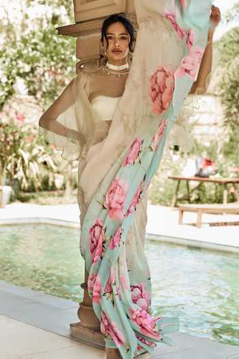 Shop_Studio 113_Beige Chiffon Monica Ocean Breeze Ombre Saree With Running Blouse _Online_at_Aza_Fashions
