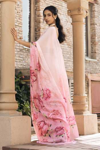 Shop_Studio 113_Pink Chiffon Monica Printed Ombre Saree With Running Blouse _at_Aza_Fashions