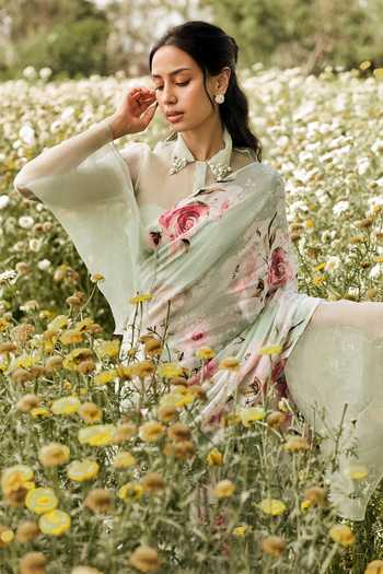 Studio 113_Green Chiffon Veronica Printed Saree With Running Blouse _Online_at_Aza_Fashions