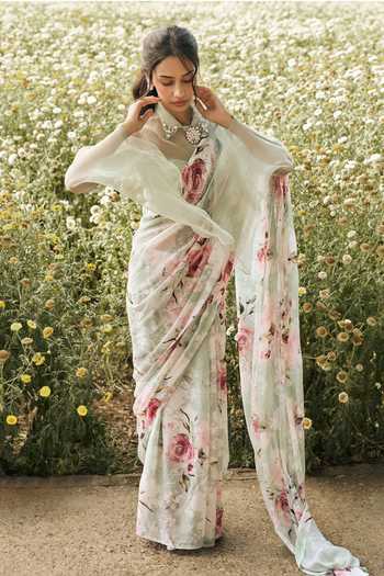 Shop_Studio 113_Green Chiffon Veronica Printed Saree With Running Blouse _at_Aza_Fashions