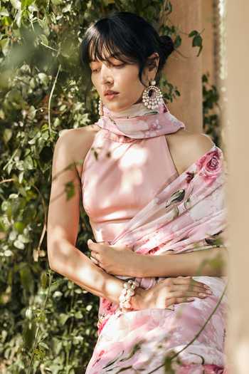 Buy_Studio 113_Pink Chiffon Veronica Print Saree With Running Blouse _Online_at_Aza_Fashions