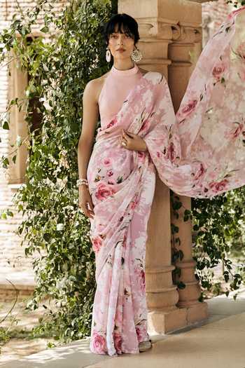 Shop_Studio 113_Pink Chiffon Veronica Print Saree With Running Blouse _Online_at_Aza_Fashions