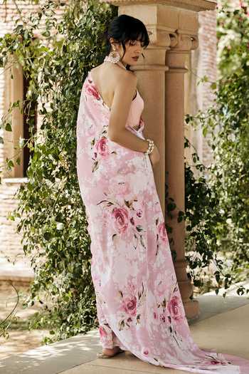 Shop_Studio 113_Pink Chiffon Veronica Print Saree With Running Blouse _at_Aza_Fashions