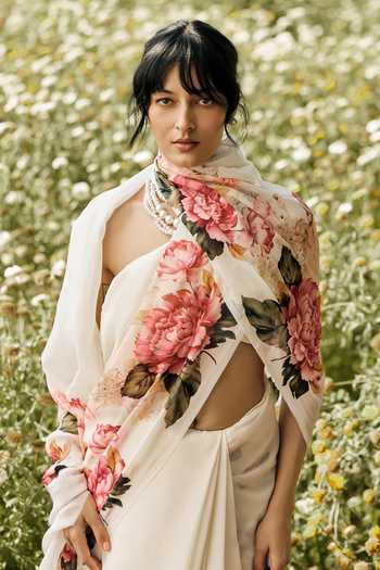 Studio 113_White Chiffon Sarah Saree With Running Blouse _Online_at_Aza_Fashions