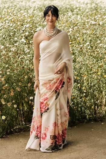Shop_Studio 113_White Chiffon Sarah Saree With Running Blouse _at_Aza_Fashions