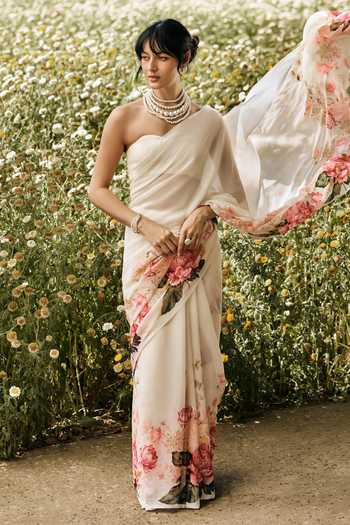 Shop_Studio 113_White Chiffon Sarah Saree With Running Blouse _Online_at_Aza_Fashions