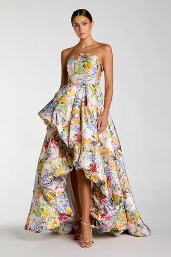 Buy_Mac Duggal_Multi Color Polyester Embroidery Bandeau Neck Floral Print High-low Bubble Gown _at_Aza_Fashions