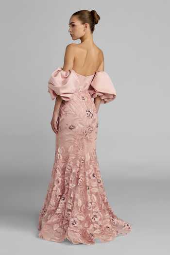 Shop_Mac Duggal_Pink Satin, Polyester Embroidery, Sequins Off-shoulder Puff Sleeve Gown _at_Aza_Fashions