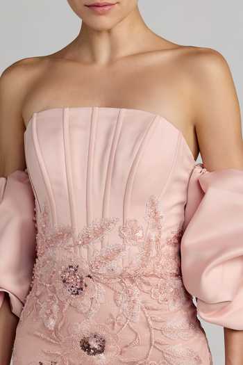 Mac Duggal_Pink Satin, Polyester Embroidery, Sequins Off-shoulder Puff Sleeve Gown _Online_at_Aza_Fashions