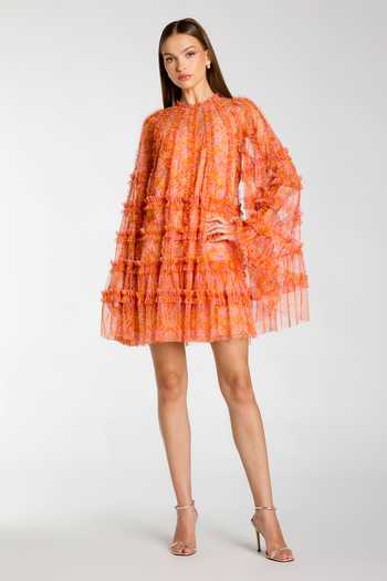 Buy_Mac Duggal_Orange Polyester, Mesh High Neck Floral Print Tiered Ruffle Dress _at_Aza_Fashions