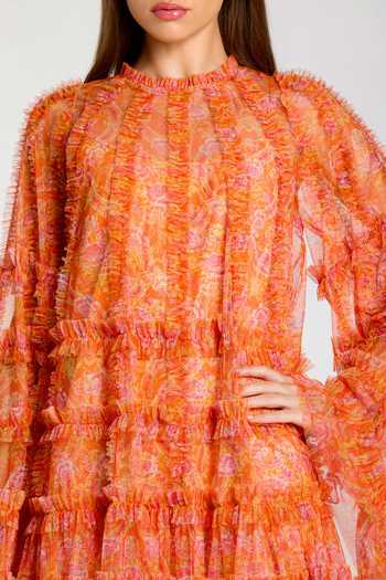 Mac Duggal_Orange Polyester, Mesh High Neck Floral Print Tiered Ruffle Dress _Online_at_Aza_Fashions